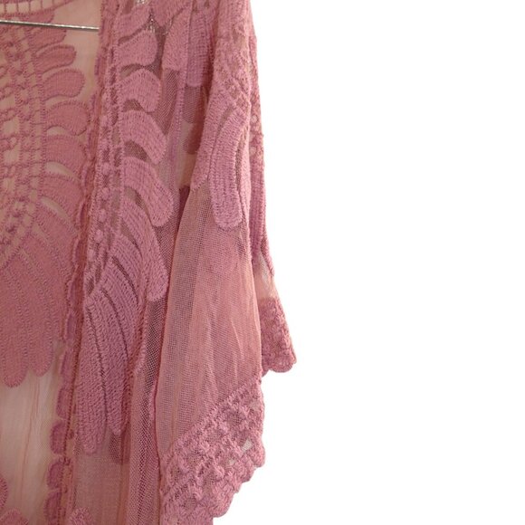 Mauve Boho Sheer Lace Kimono Duster Festival Romantic Beach Cover-Up Size L - Picture 4 of 7